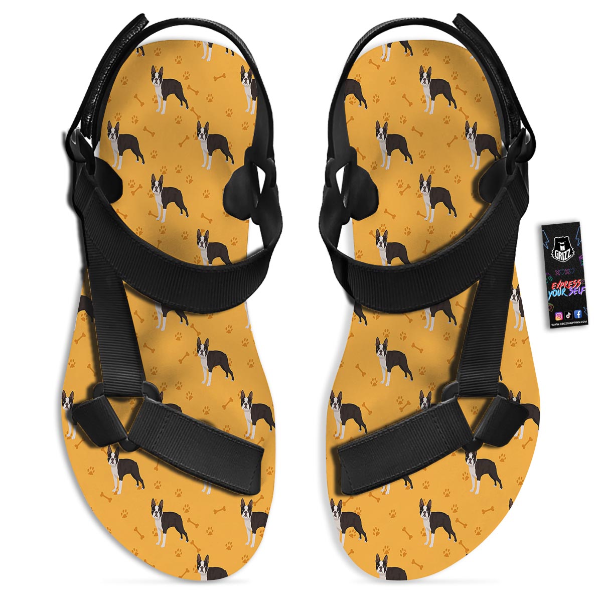 Boston Terrier Cartoon Print Pattern Black Open Toe Sandals-grizzshop