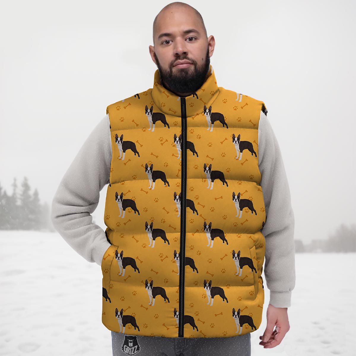 Boston Terrier Cartoon Print Pattern Down Vest