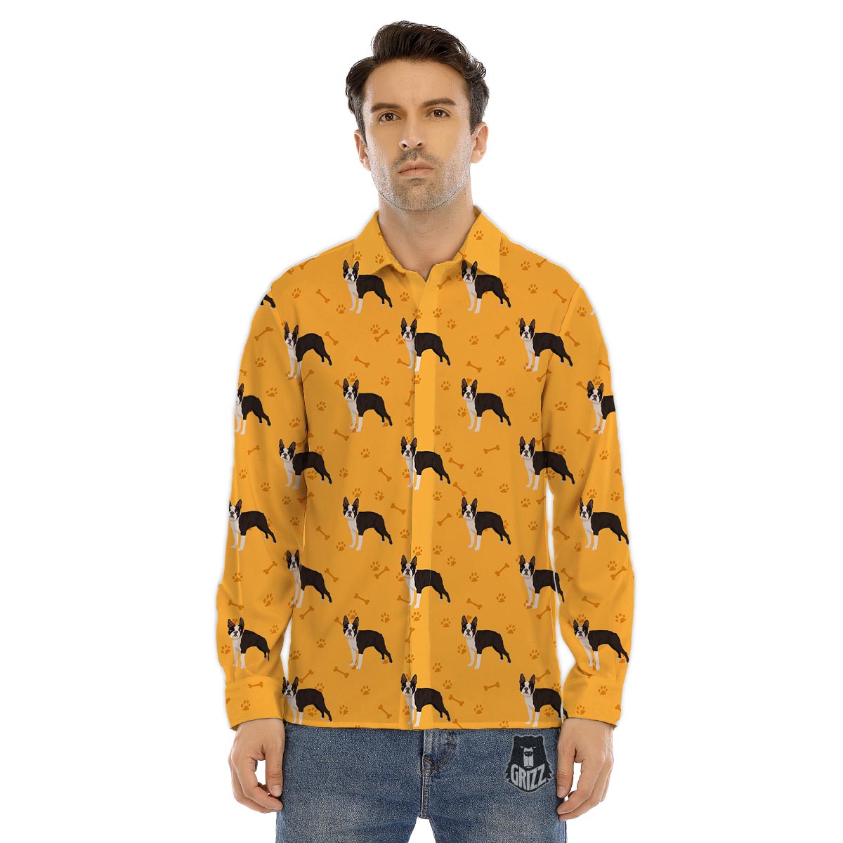 Boston Terrier Cartoon Print Pattern Men's Dress Shirts-grizzshop
