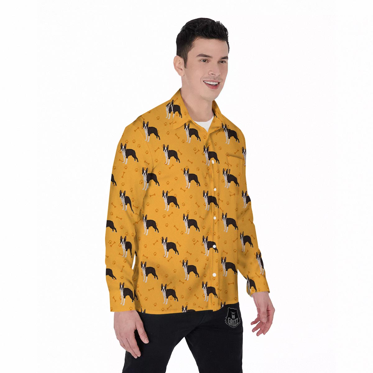 Boston Terrier Cartoon Print Pattern Men's Long Sleeve Shirts-grizzshop
