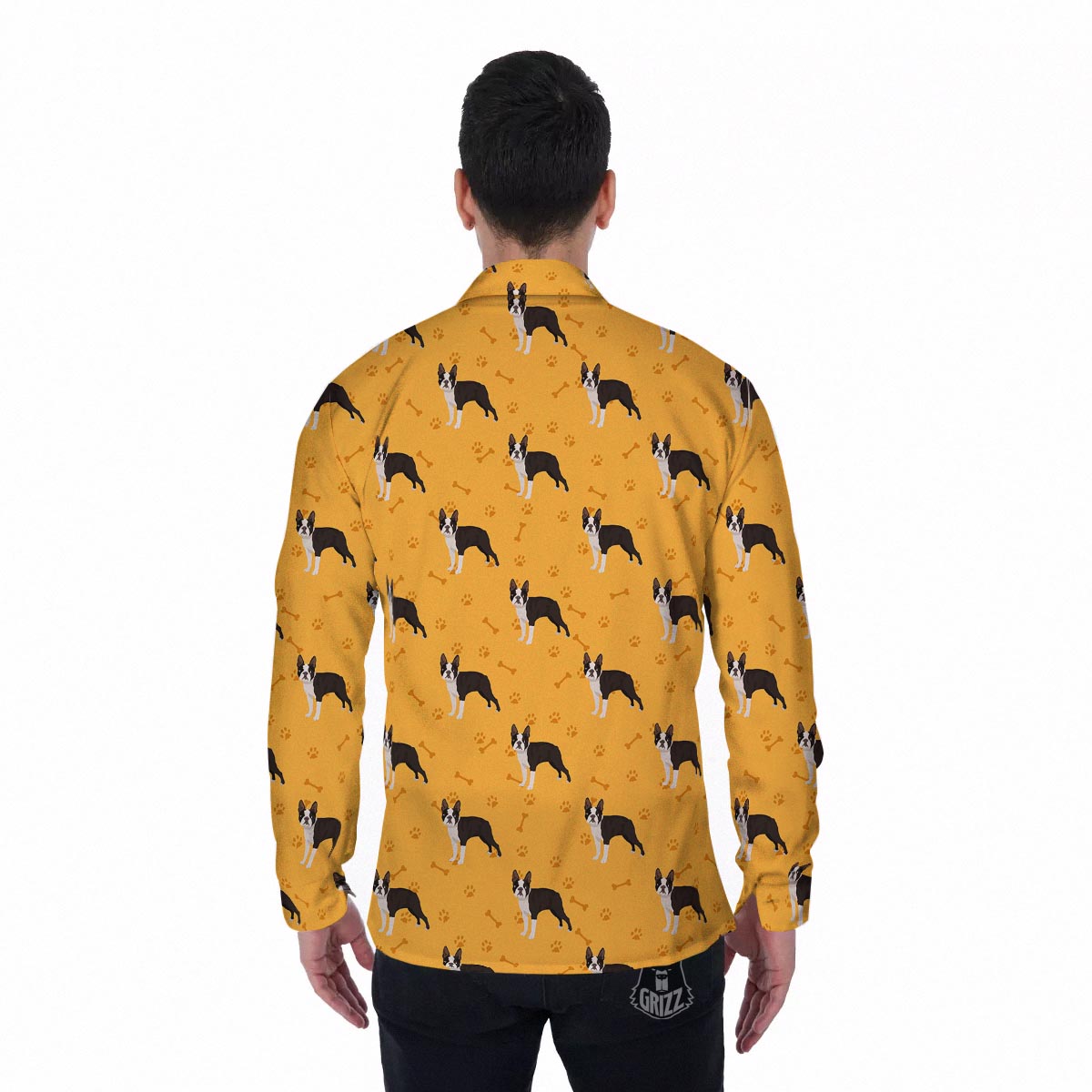 Boston Terrier Cartoon Print Pattern Men's Long Sleeve Shirts-grizzshop