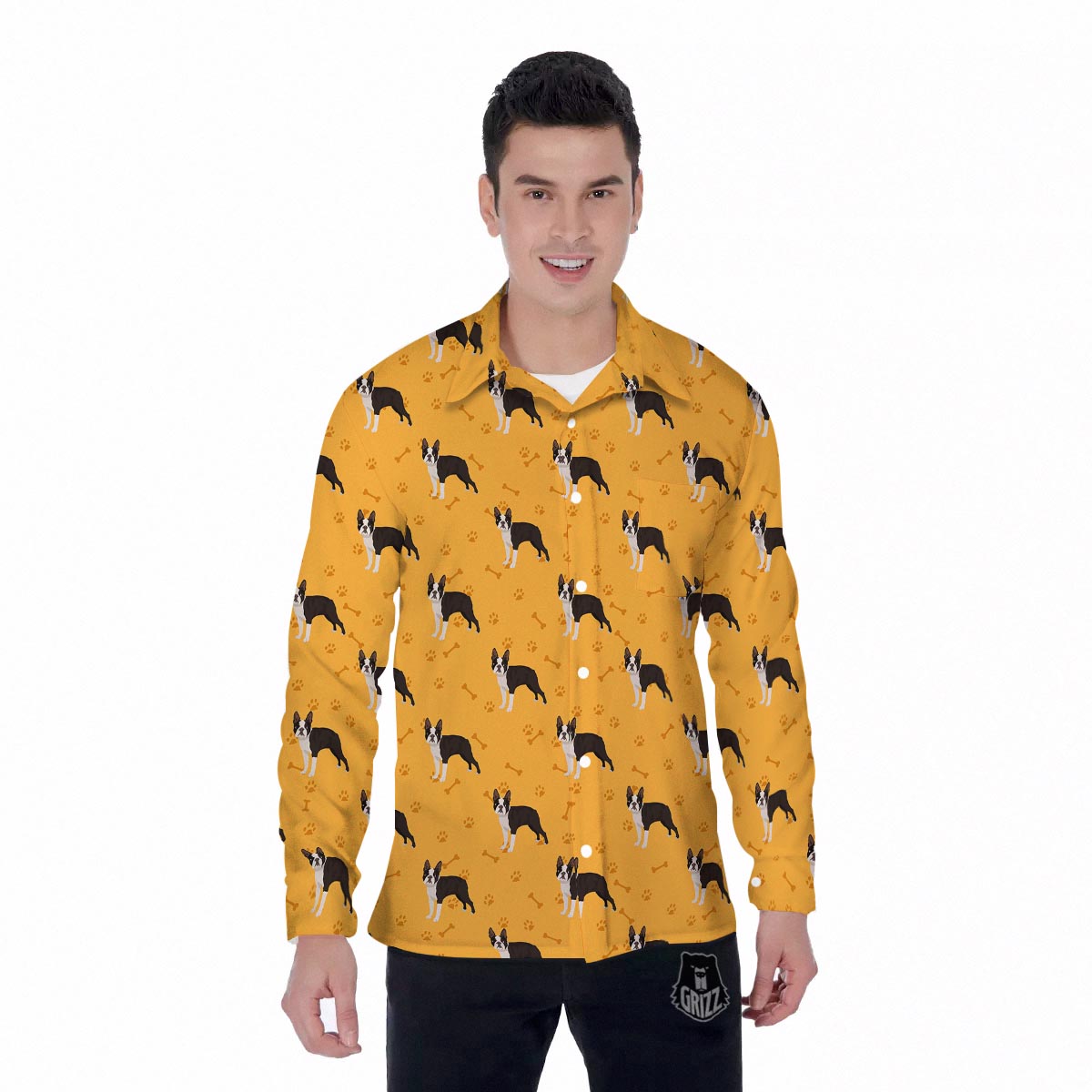 Boston Terrier Cartoon Print Pattern Men's Long Sleeve Shirts-grizzshop