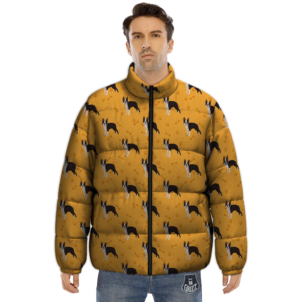Boston Terrier Cartoon Print Pattern Puffer Jacket-grizzshop