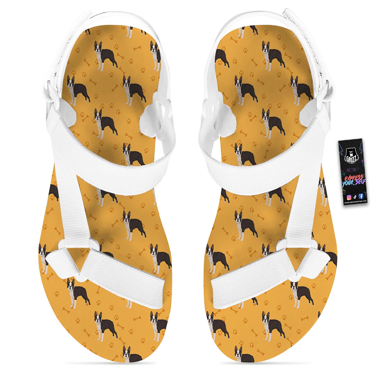 Boston Terrier Cartoon Print Pattern White Open Toe Sandals-grizzshop