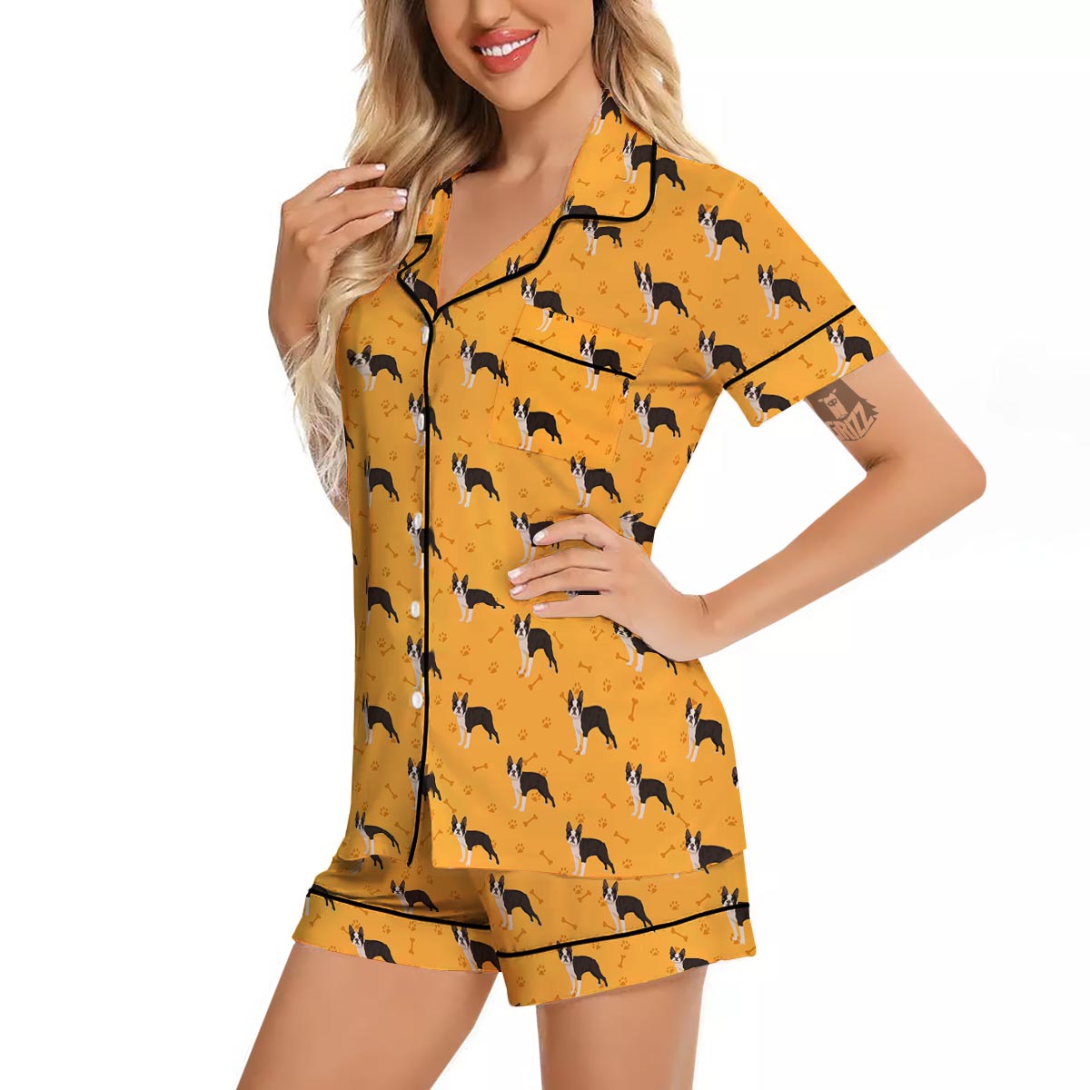 Boston Terrier Cartoon Print Pattern Women Silk Pajamas-grizzshop