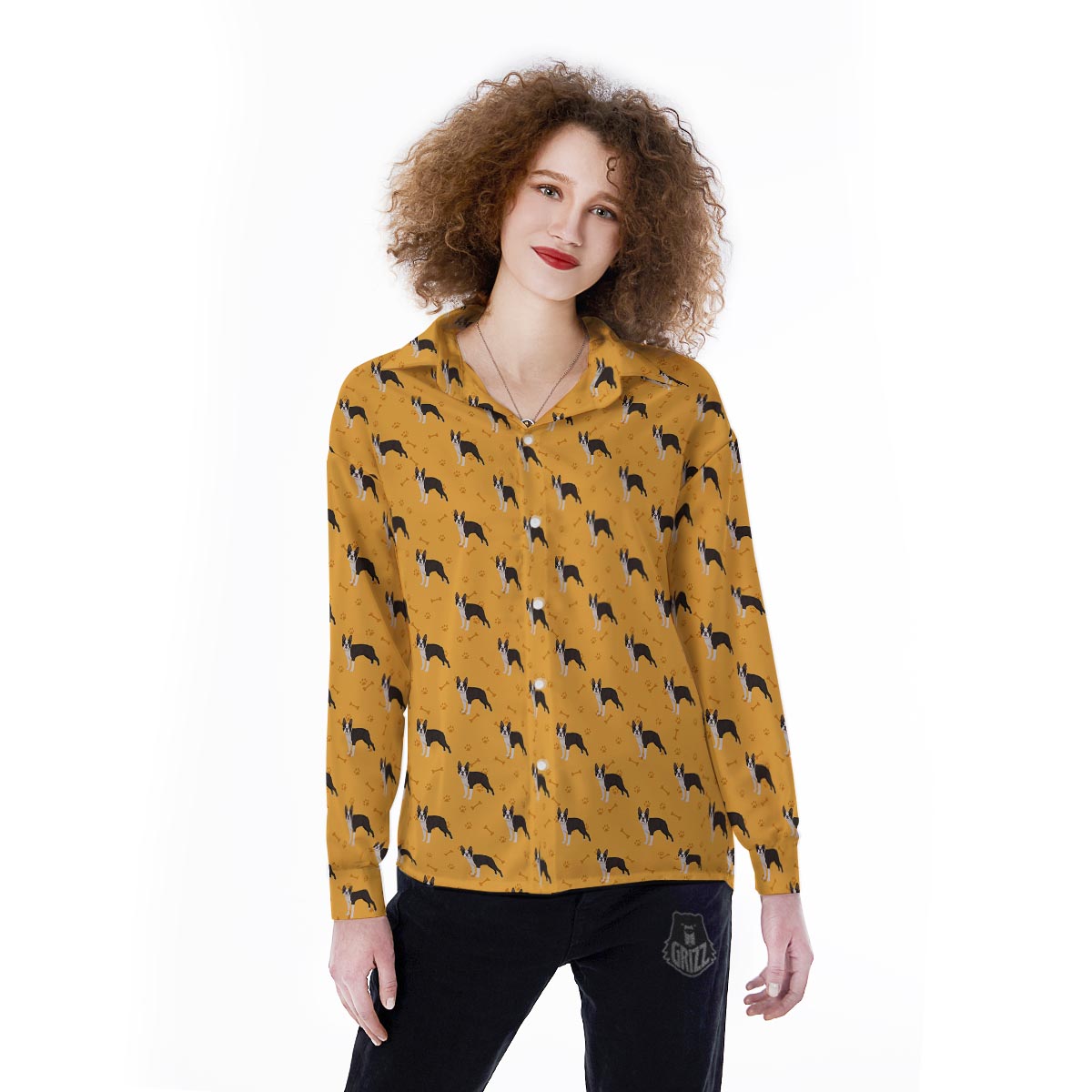 Boston Terrier Cartoon Print Pattern Women's Long Sleeve Shirts-grizzshop