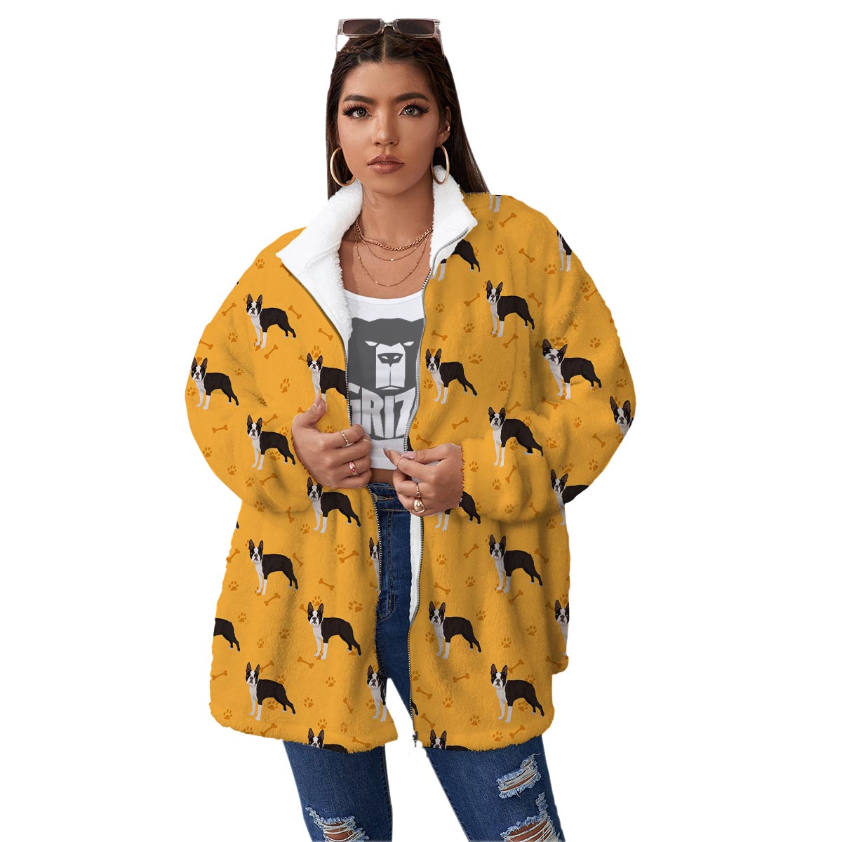 Boston Terrier Cartoon Print Pattern Women's Sherpa Jacket-grizzshop