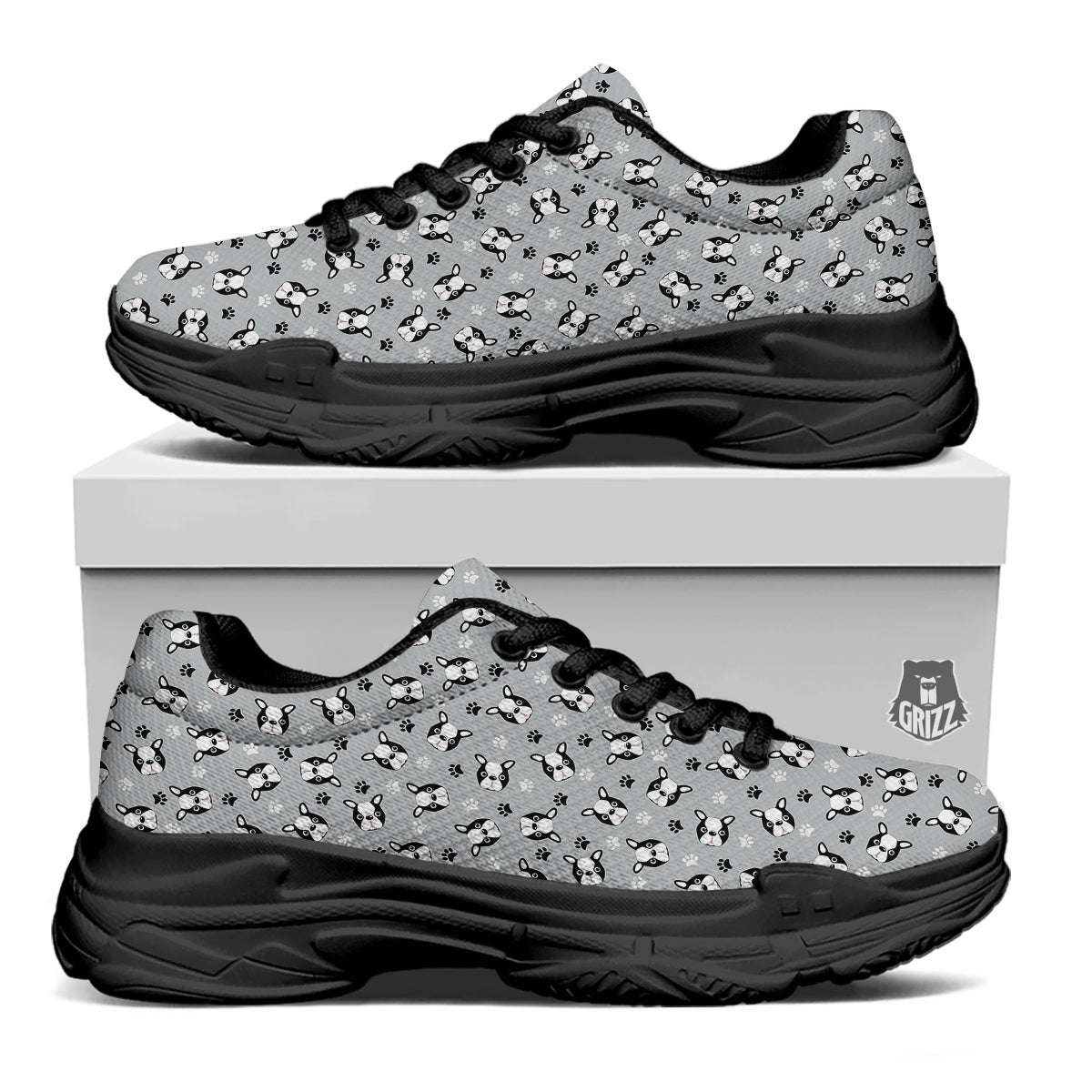 Boston Terrier Faces Cute Print Black Chunky Shoes-grizzshop