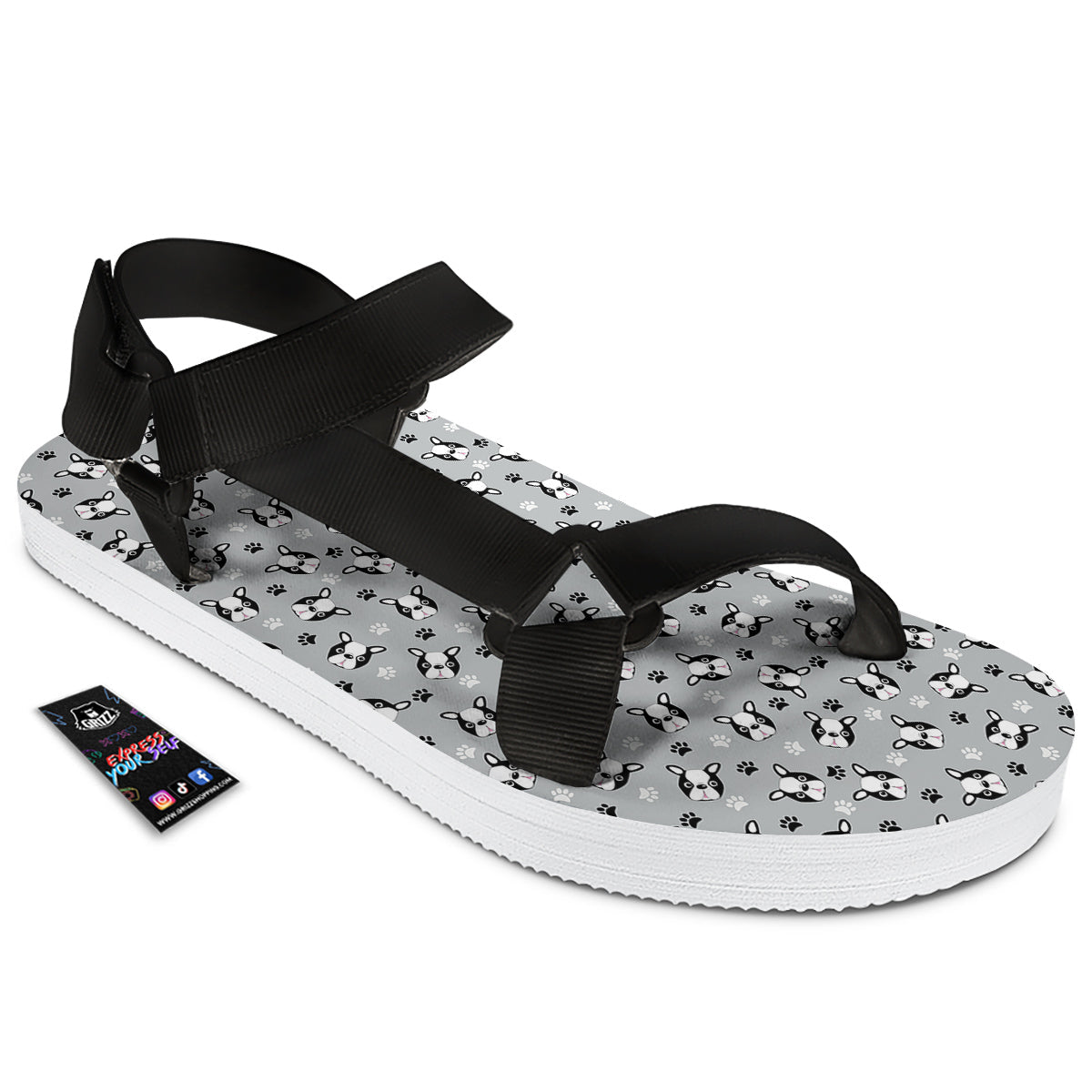 Boston Terrier Faces Cute Print Black Open Toe Sandals-grizzshop