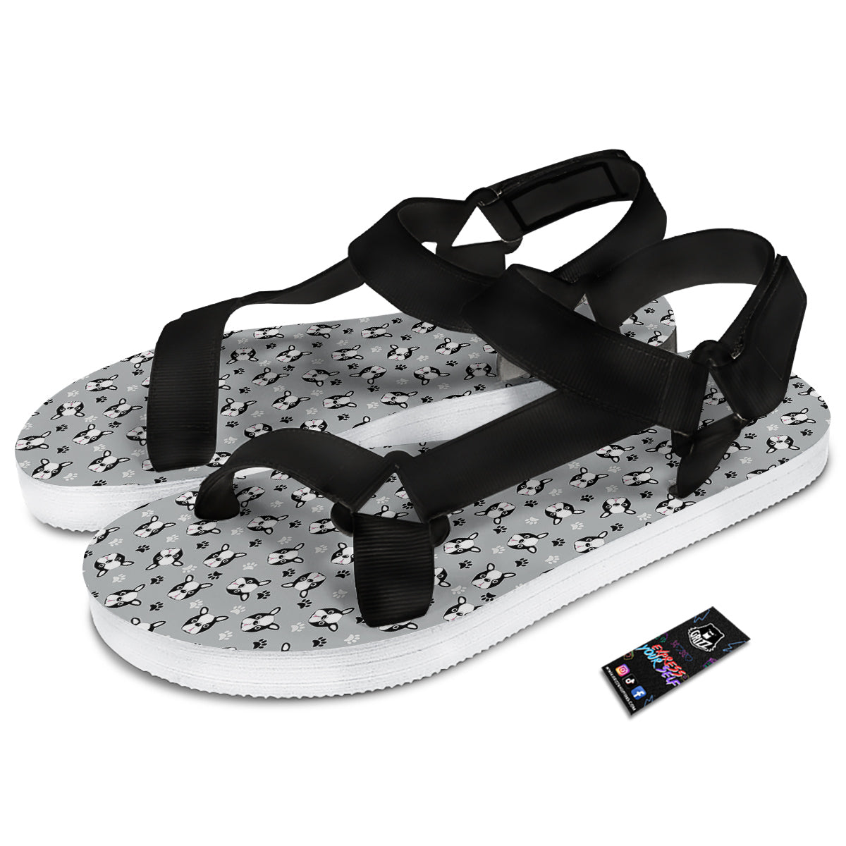 Boston Terrier Faces Cute Print Black Open Toe Sandals-grizzshop