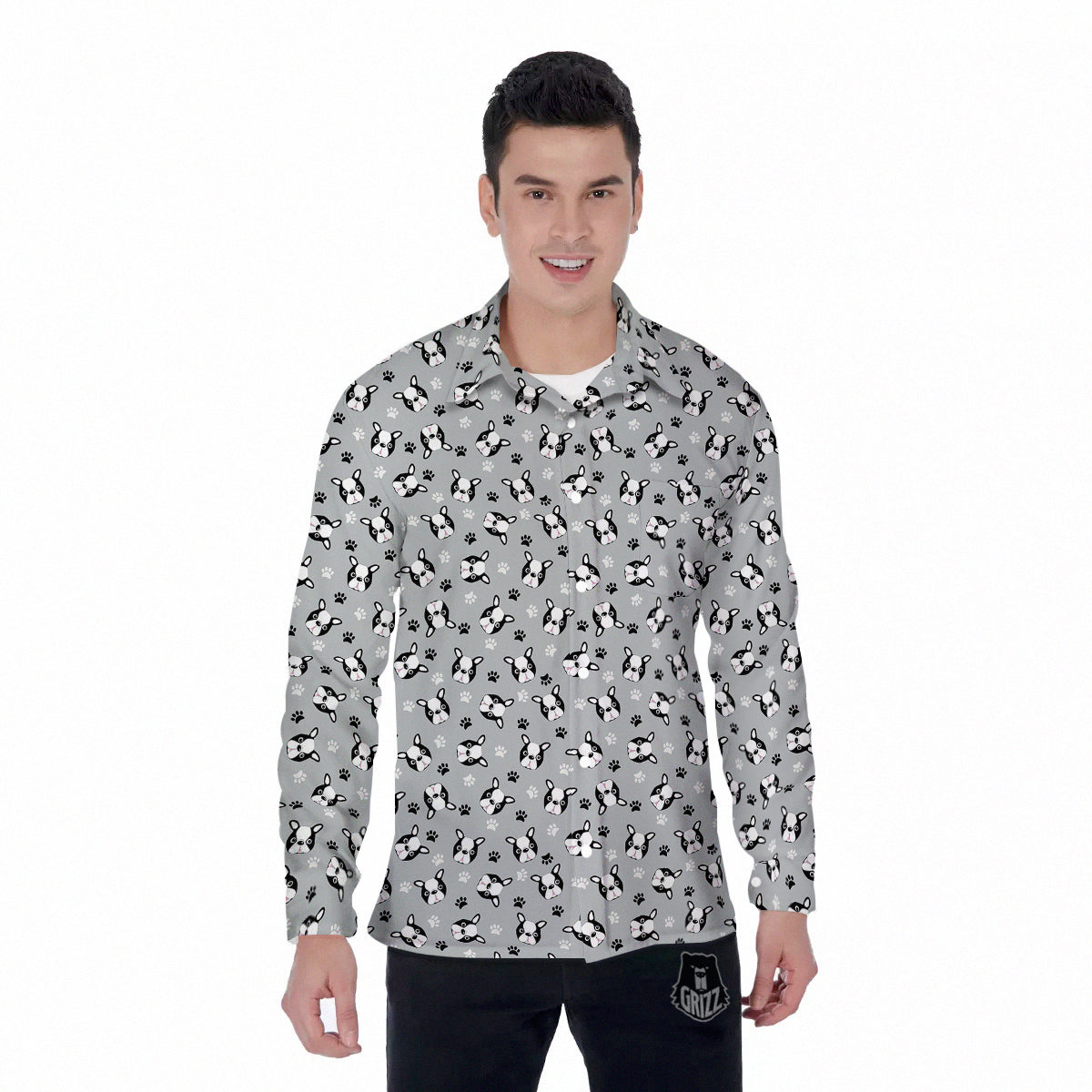 Boston Terrier Faces Cute Print Men's Long Sleeve Shirts-grizzshop