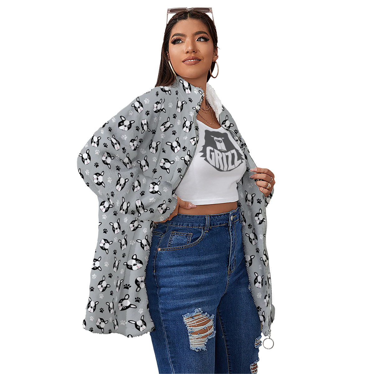 Boston Terrier Faces Cute Print Women's Sherpa Jacket-grizzshop