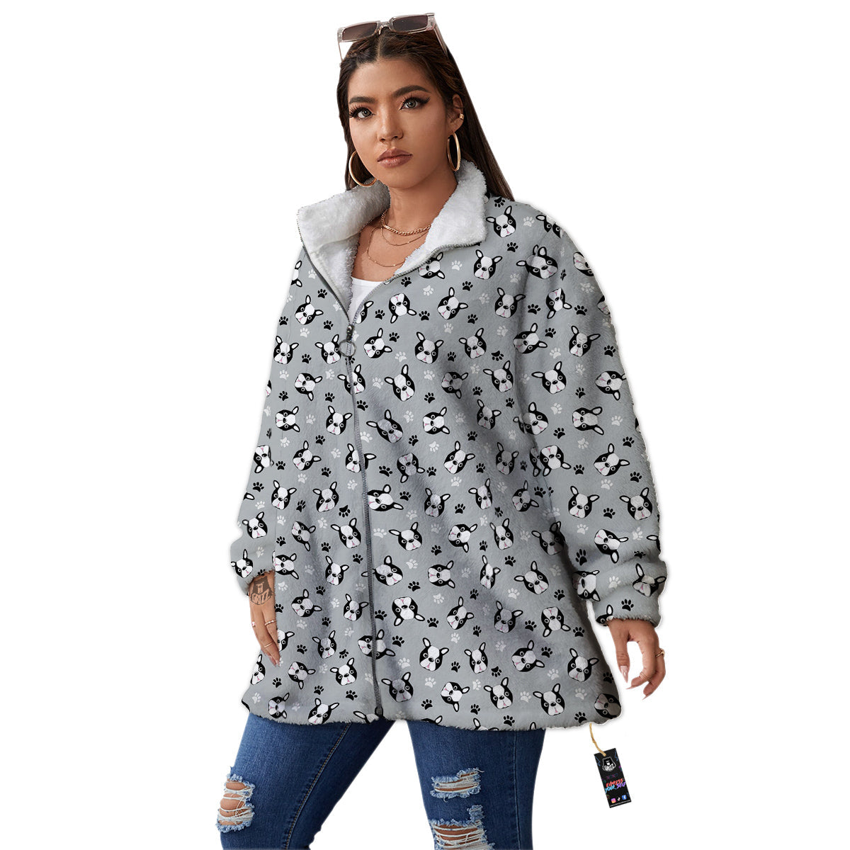 Boston Terrier Faces Cute Print Women's Sherpa Jacket-grizzshop