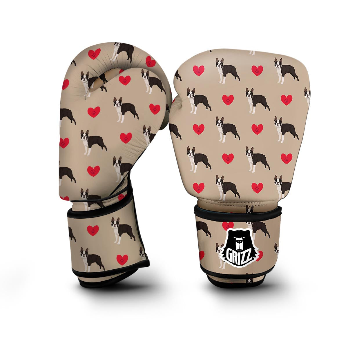 Boston Terrier Heart Paw Pattern Print Boxing Gloves-grizzshop