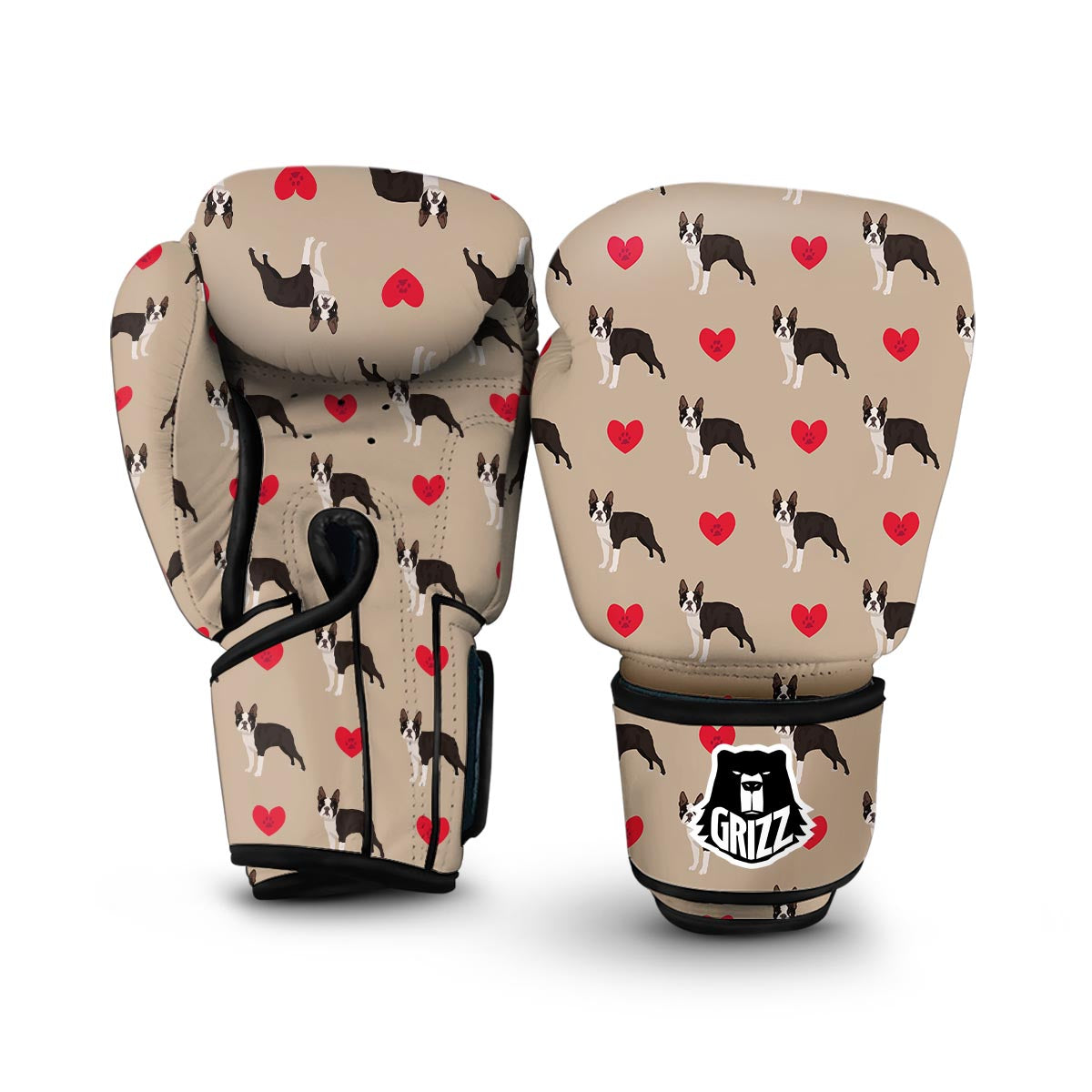 Boston Terrier Heart Paw Pattern Print Boxing Gloves-grizzshop