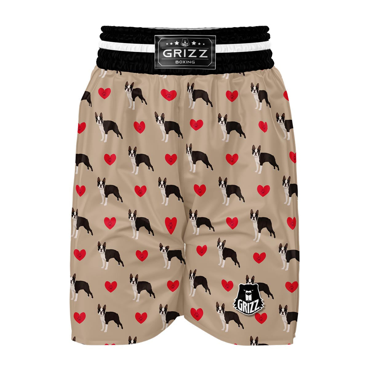 Boston Terrier Heart Paw Pattern Print Boxing Shorts-grizzshop