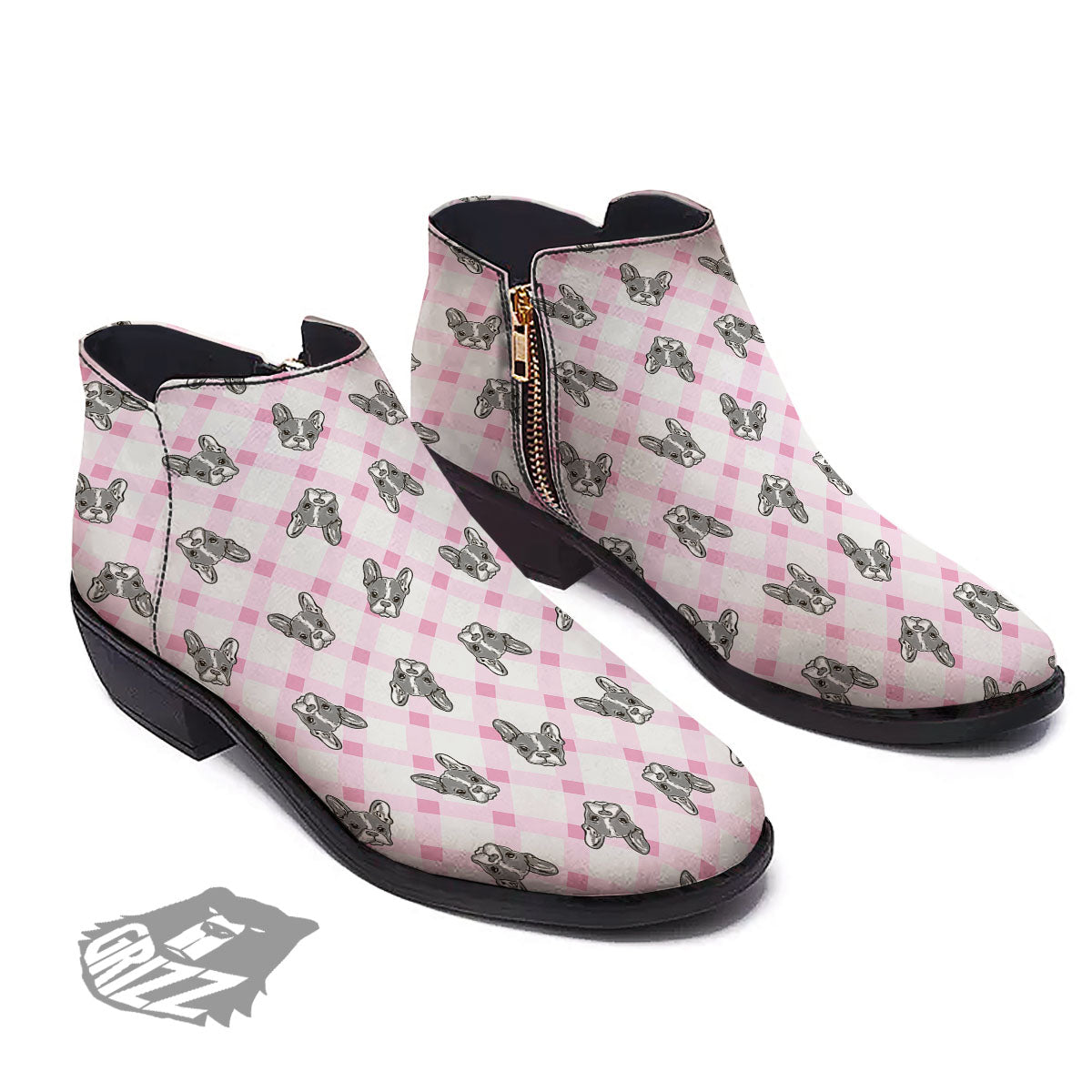 Boston Terrier Pink Plaid Print Pattern Ankle Boots-grizzshop