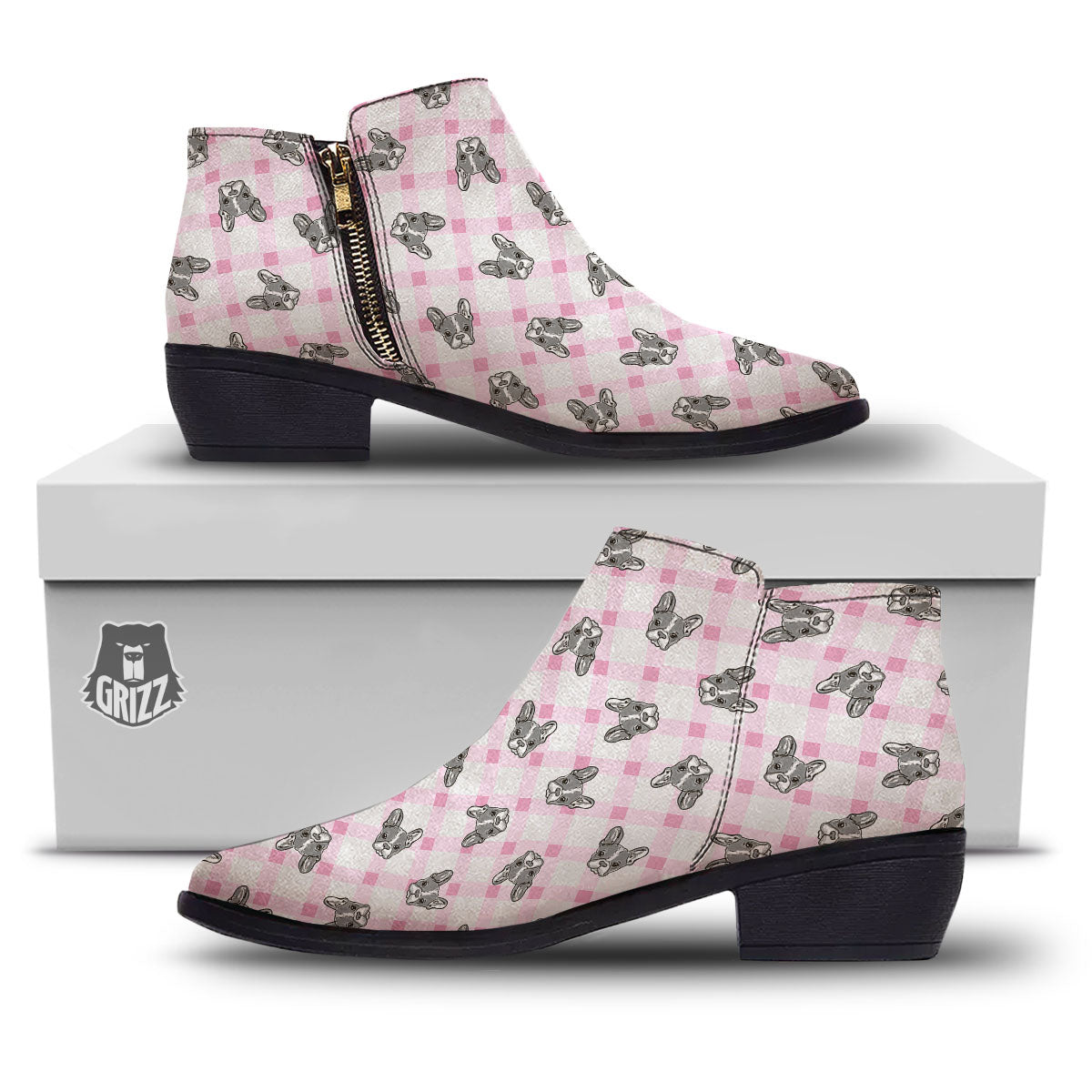 Boston Terrier Pink Plaid Print Pattern Ankle Boots-grizzshop