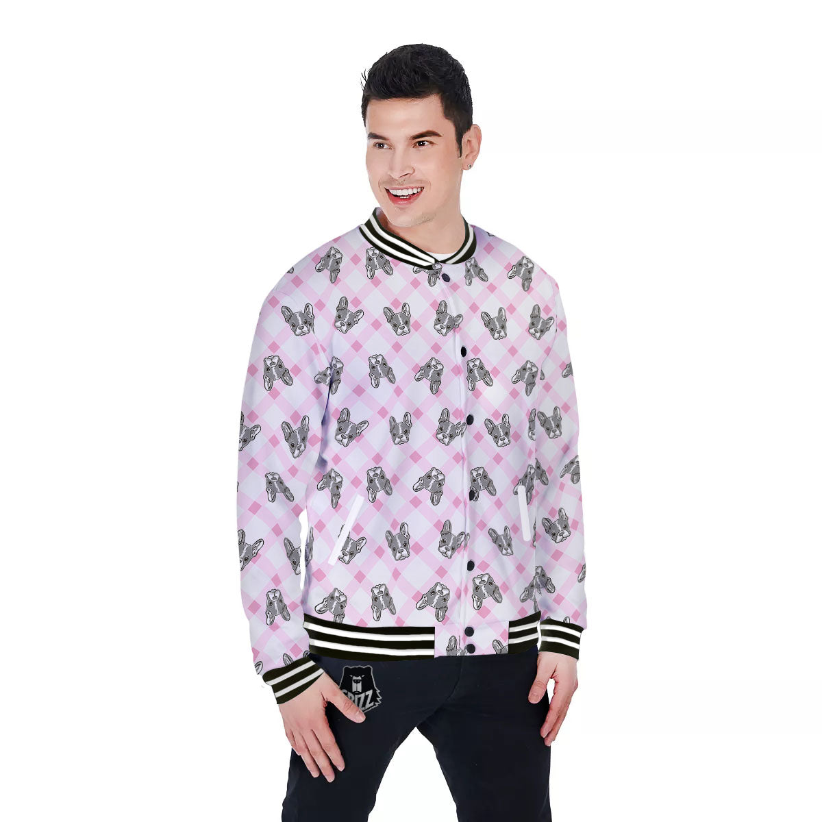 Boston Terrier Pink Plaid Print Pattern Baseball Jacket-grizzshop