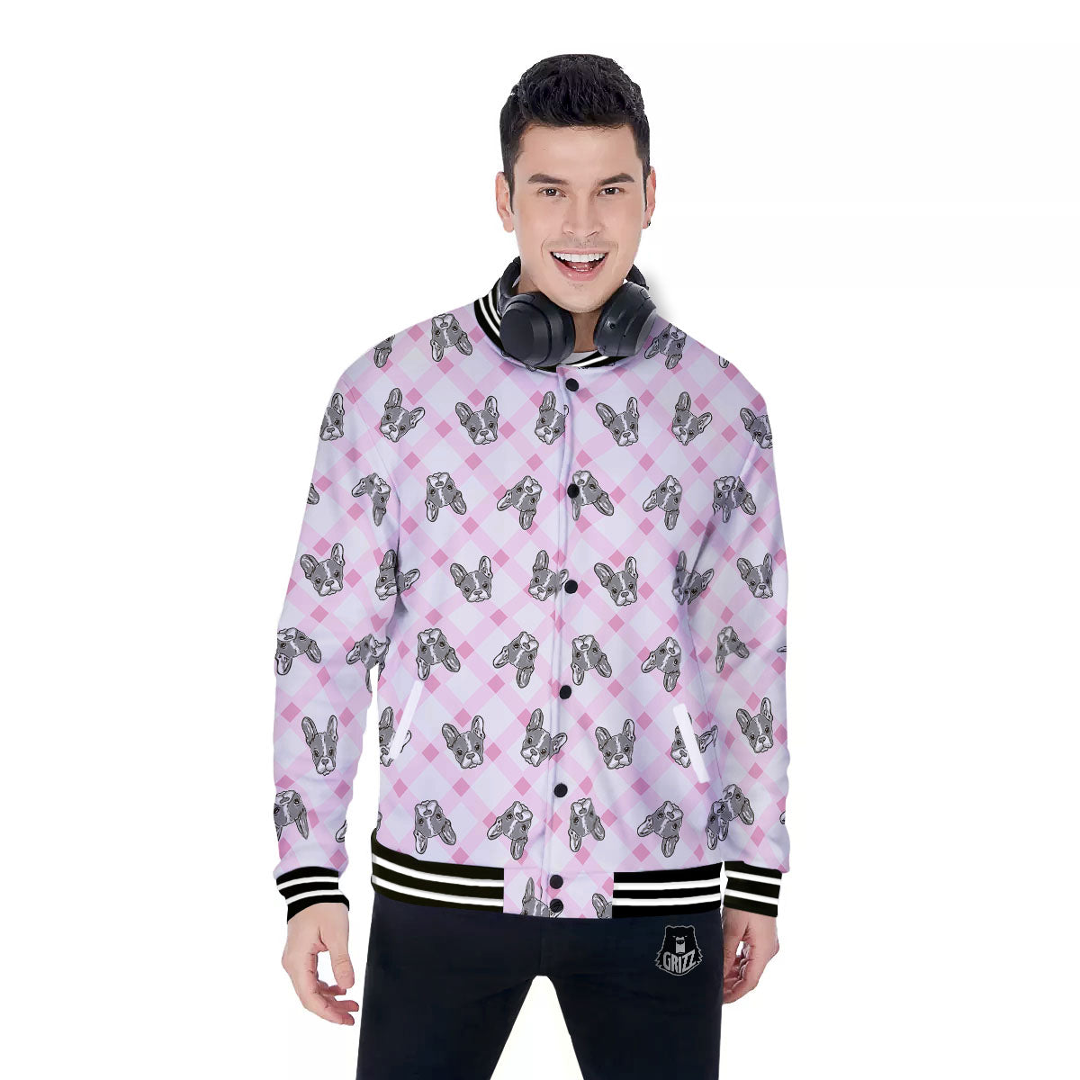 Boston Terrier Pink Plaid Print Pattern Baseball Jacket-grizzshop