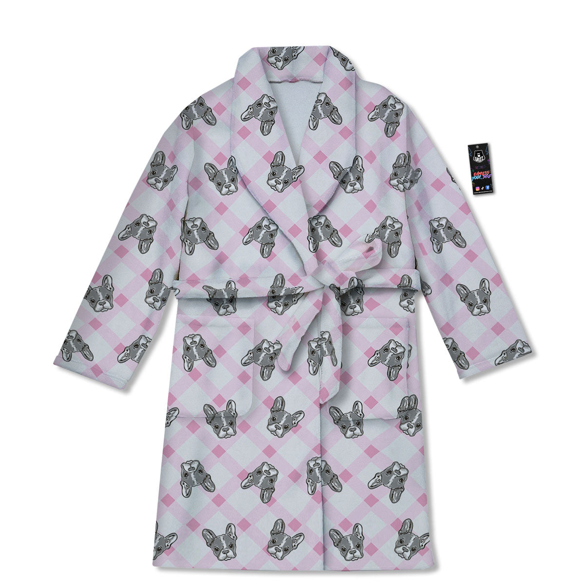 Boston Terrier Pink Plaid Print Pattern Bathrobe-grizzshop