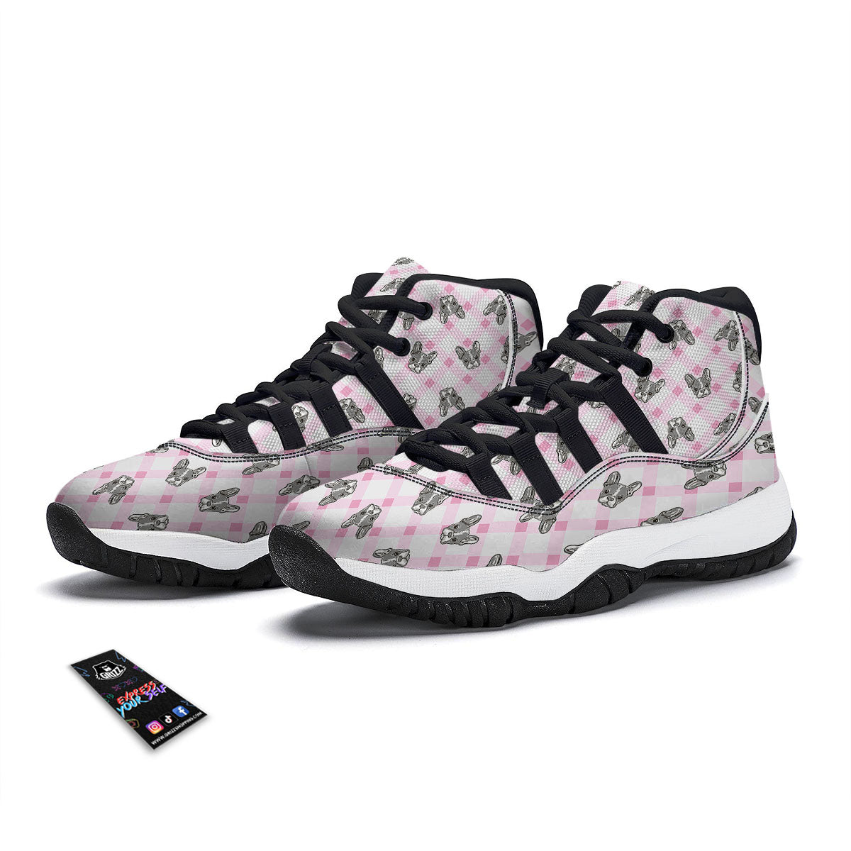 Boston Terrier Pink Plaid Print Pattern Black Bball Shoes-grizzshop