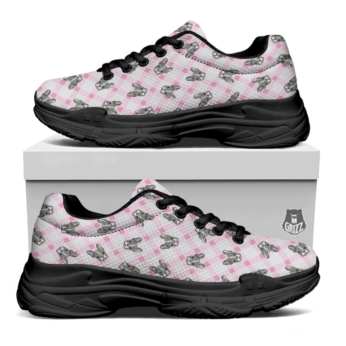 Boston Terrier Pink Plaid Print Pattern Black Chunky Shoes-grizzshop