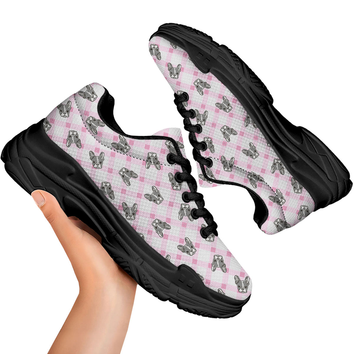 Boston Terrier Pink Plaid Print Pattern Black Chunky Shoes-grizzshop