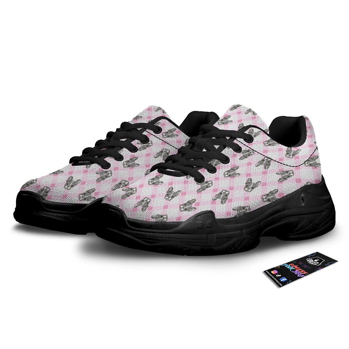 Boston Terrier Pink Plaid Print Pattern Black Chunky Shoes-grizzshop