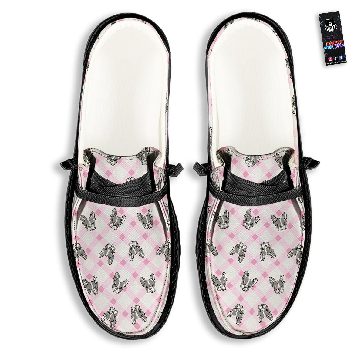 Boston Terrier Pink Plaid Print Pattern Black Loafers-grizzshop