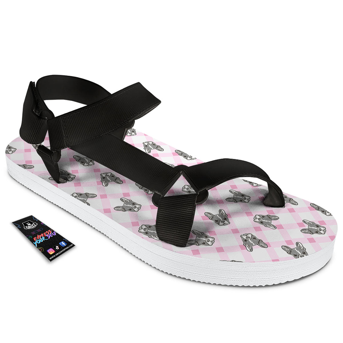 Boston Terrier Pink Plaid Print Pattern Black Open Toe Sandals-grizzshop