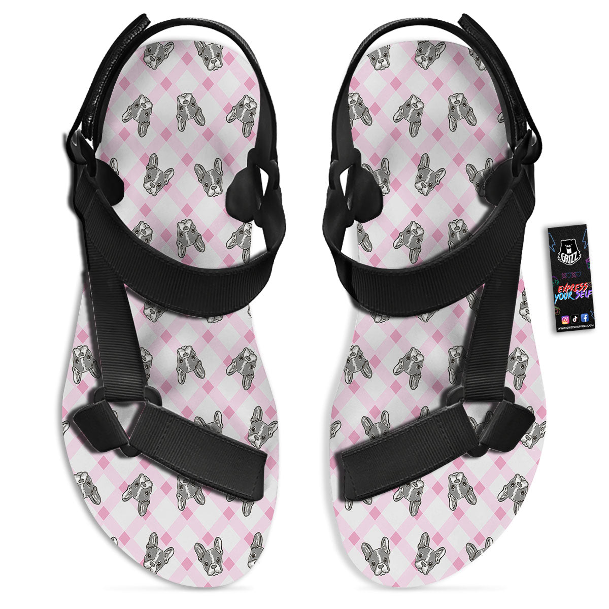 Boston Terrier Pink Plaid Print Pattern Black Open Toe Sandals-grizzshop