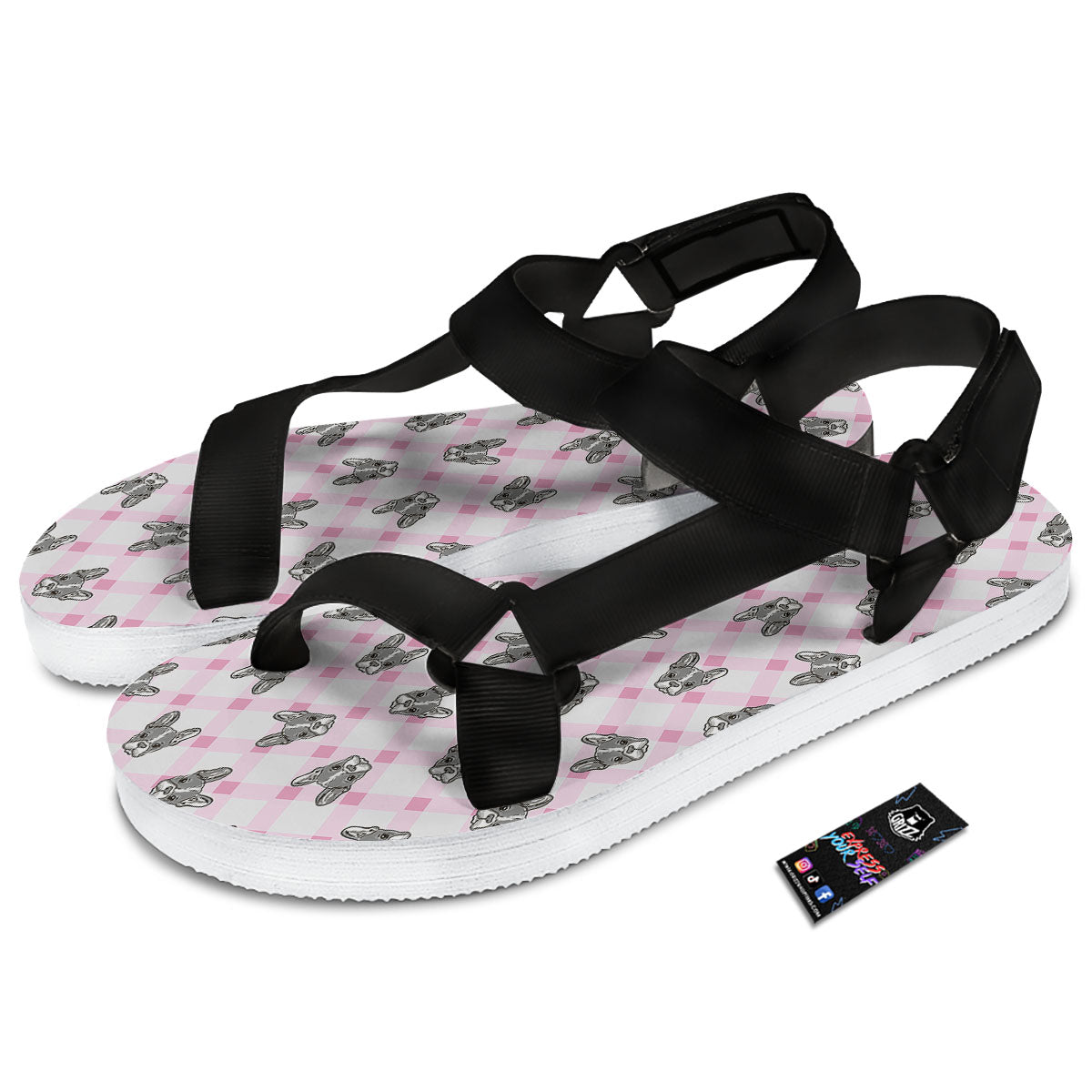 Boston Terrier Pink Plaid Print Pattern Black Open Toe Sandals-grizzshop