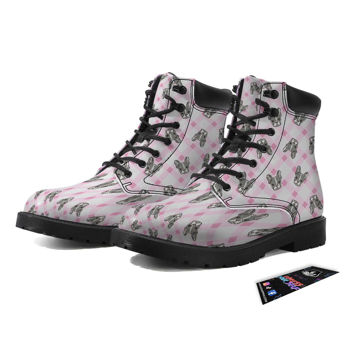 Boston Terrier Pink Plaid Print Pattern Boots-grizzshop