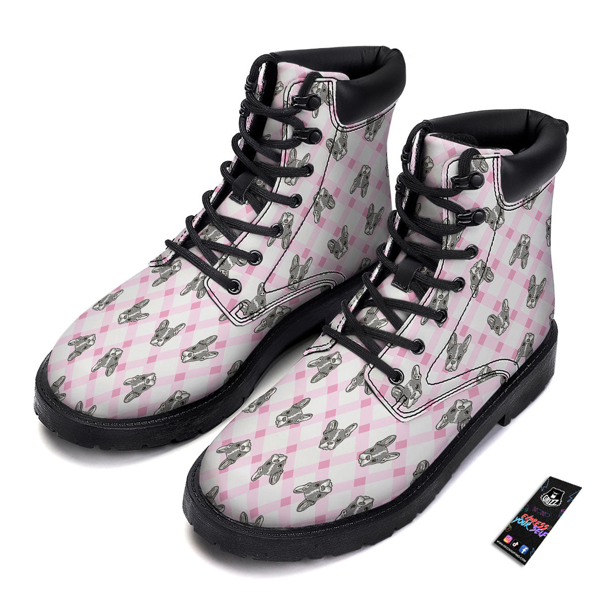 Boston Terrier Pink Plaid Print Pattern Boots-grizzshop