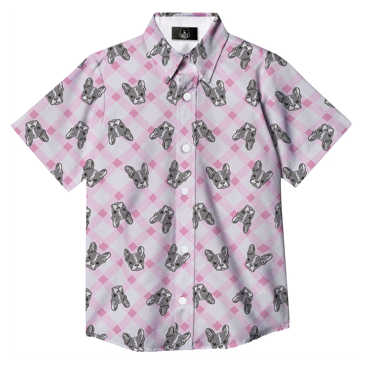 Boston Terrier Pink Plaid Print Pattern Button Up Shirt-grizzshop