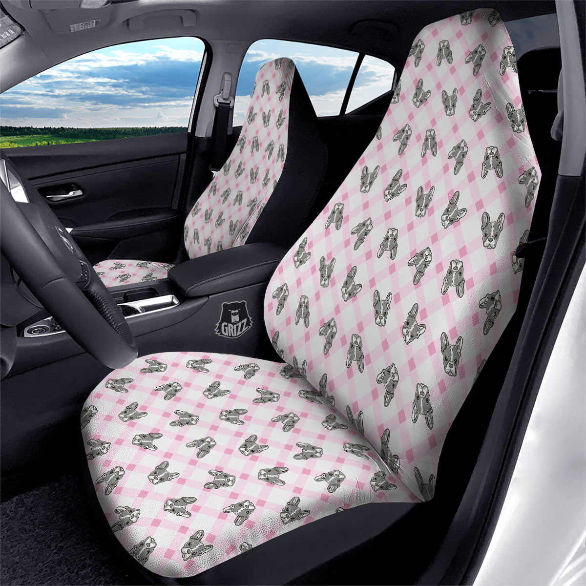 Boston Terrier Pink Plaid Print Pattern Car Seat Covers-grizzshop