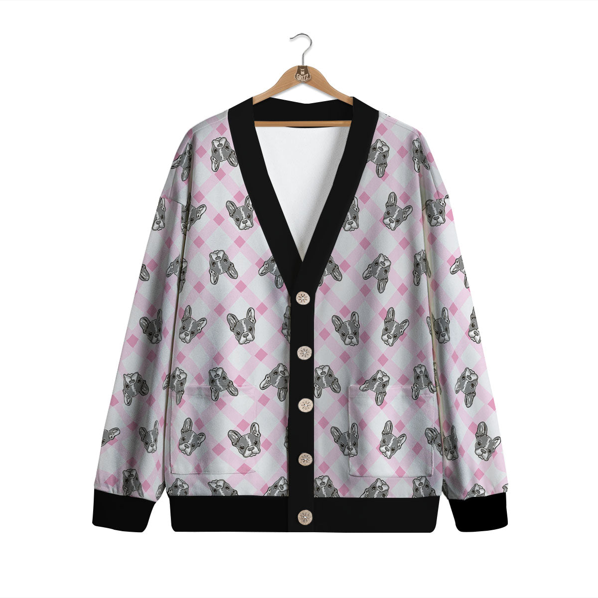 Boston Terrier Pink Plaid Print Pattern Cardigan-grizzshop