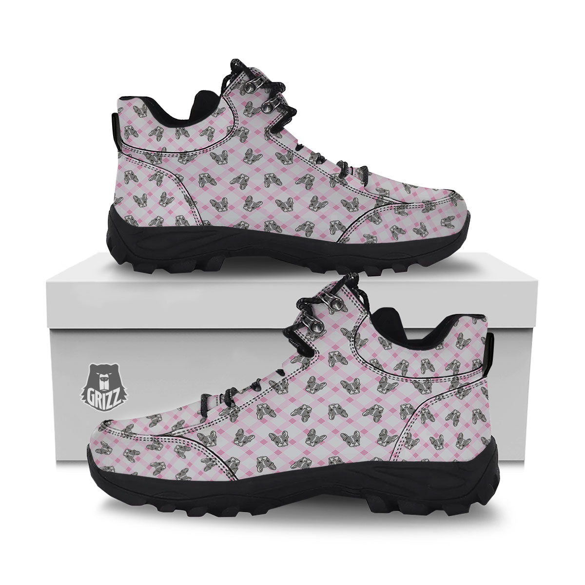 Boston Terrier Pink Plaid Print Pattern Hiking Shoes-grizzshop