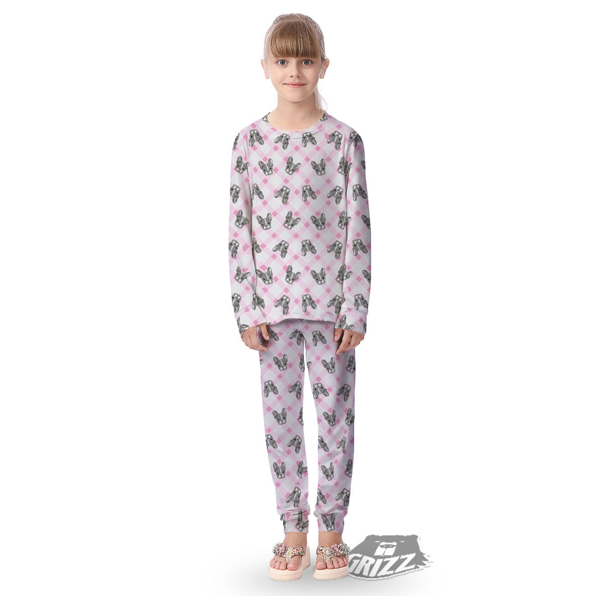 Boston Terrier Pink Plaid Print Pattern Kid's Pajamas-grizzshop