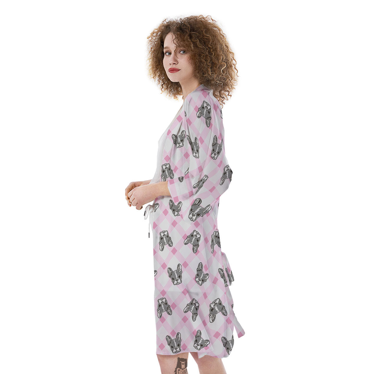 Boston Terrier Pink Plaid Print Pattern Kimono-grizzshop