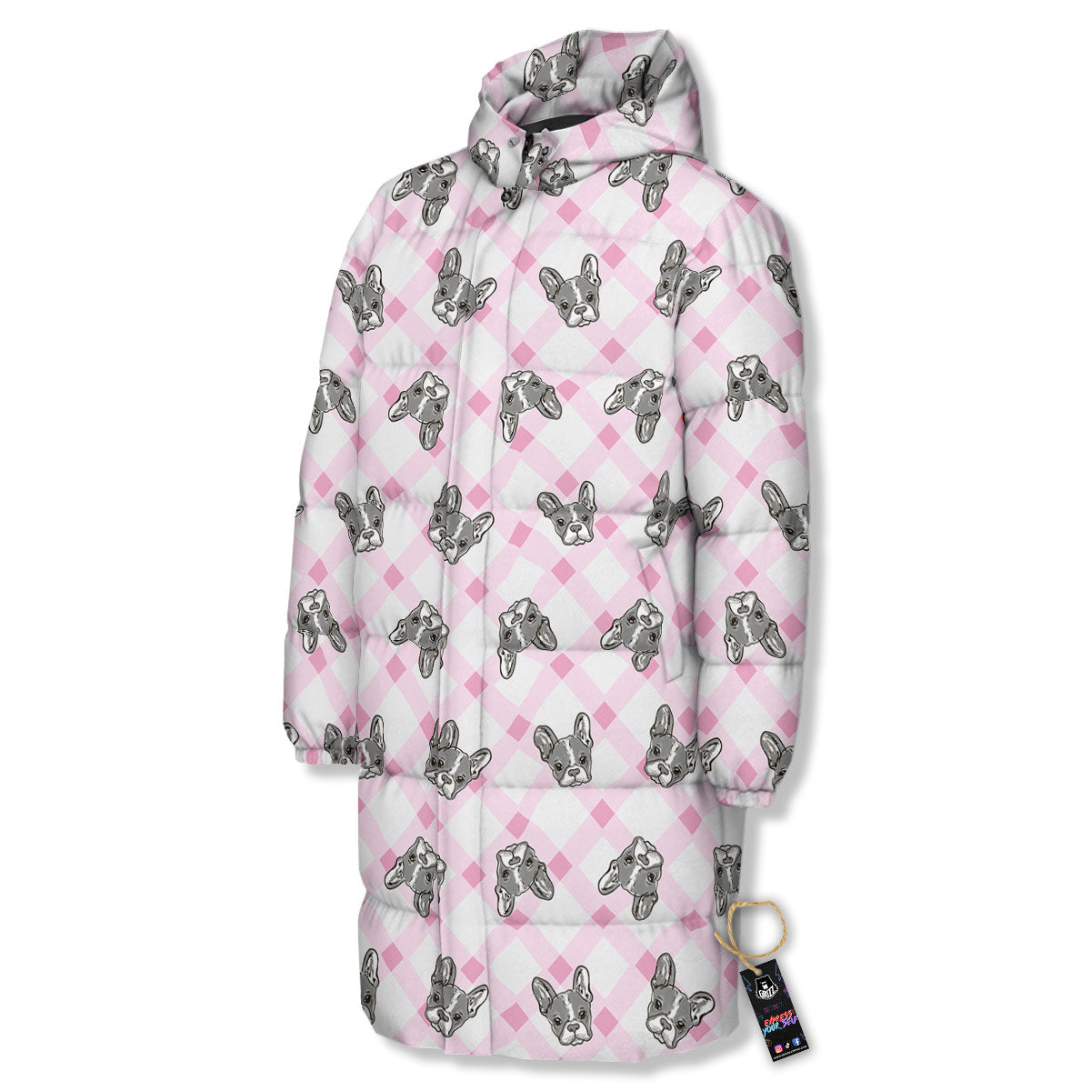 Boston Terrier Pink Plaid Print Pattern Long Down Jacket-grizzshop