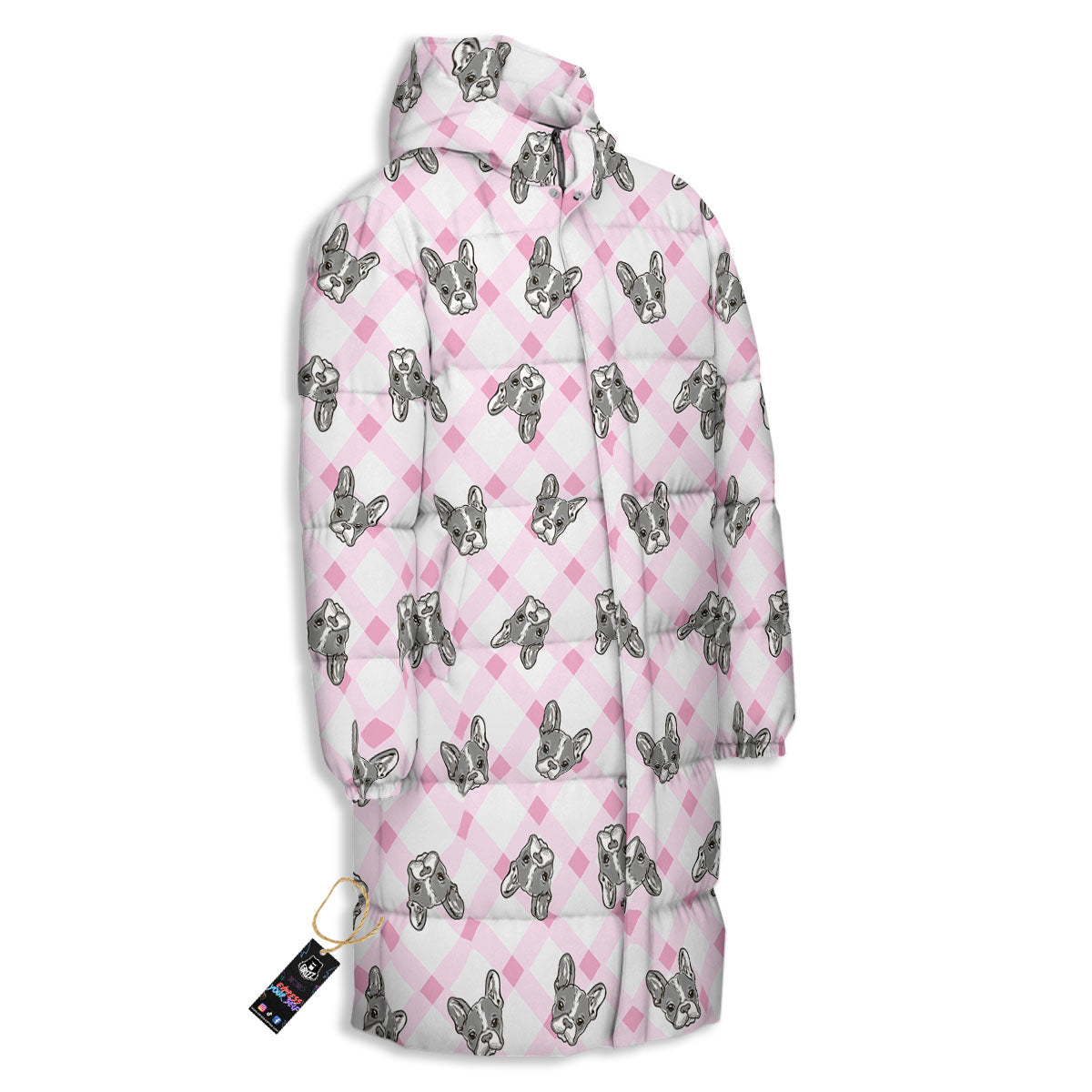 Boston Terrier Pink Plaid Print Pattern Long Down Jacket-grizzshop