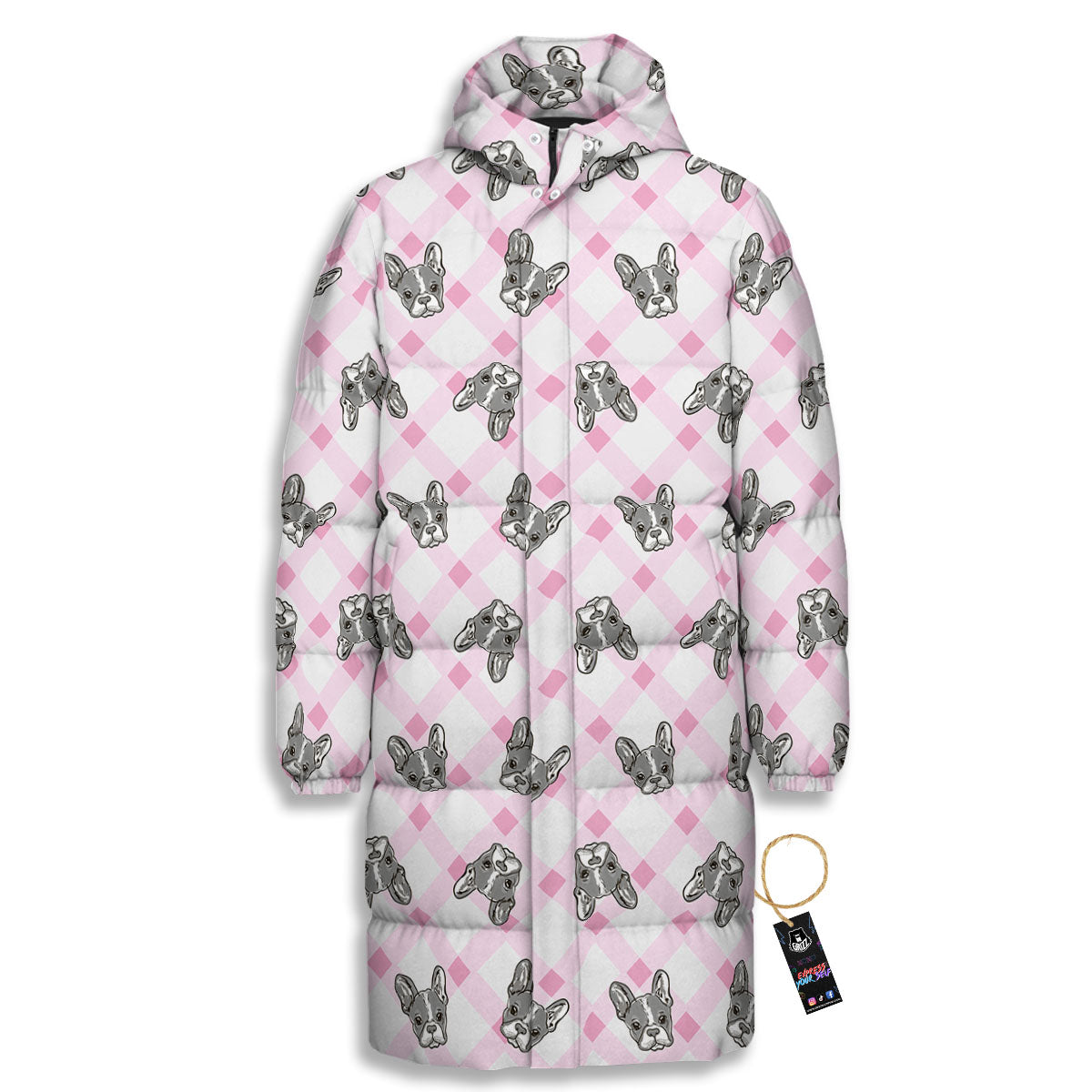 Boston Terrier Pink Plaid Print Pattern Long Down Jacket-grizzshop