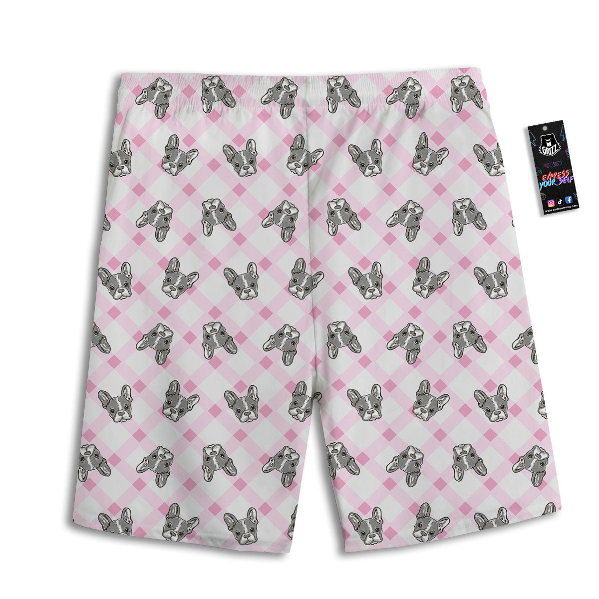 Boston Terrier Pink Plaid Print Pattern Men's Athletic Shorts