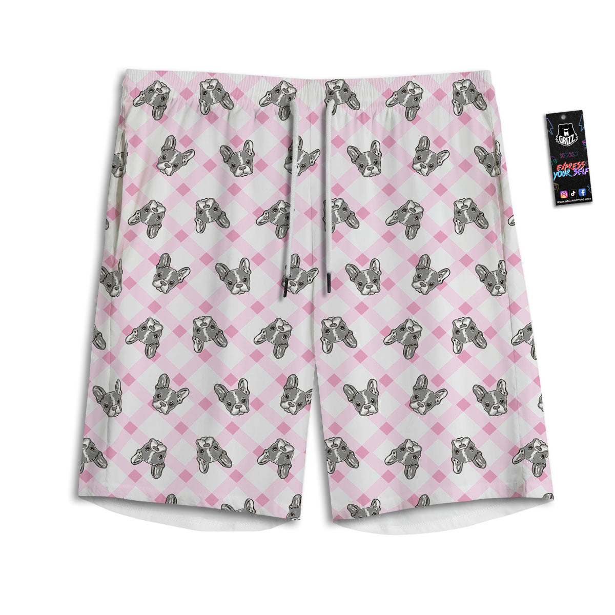 Boston Terrier Pink Plaid Print Pattern Men's Athletic Shorts