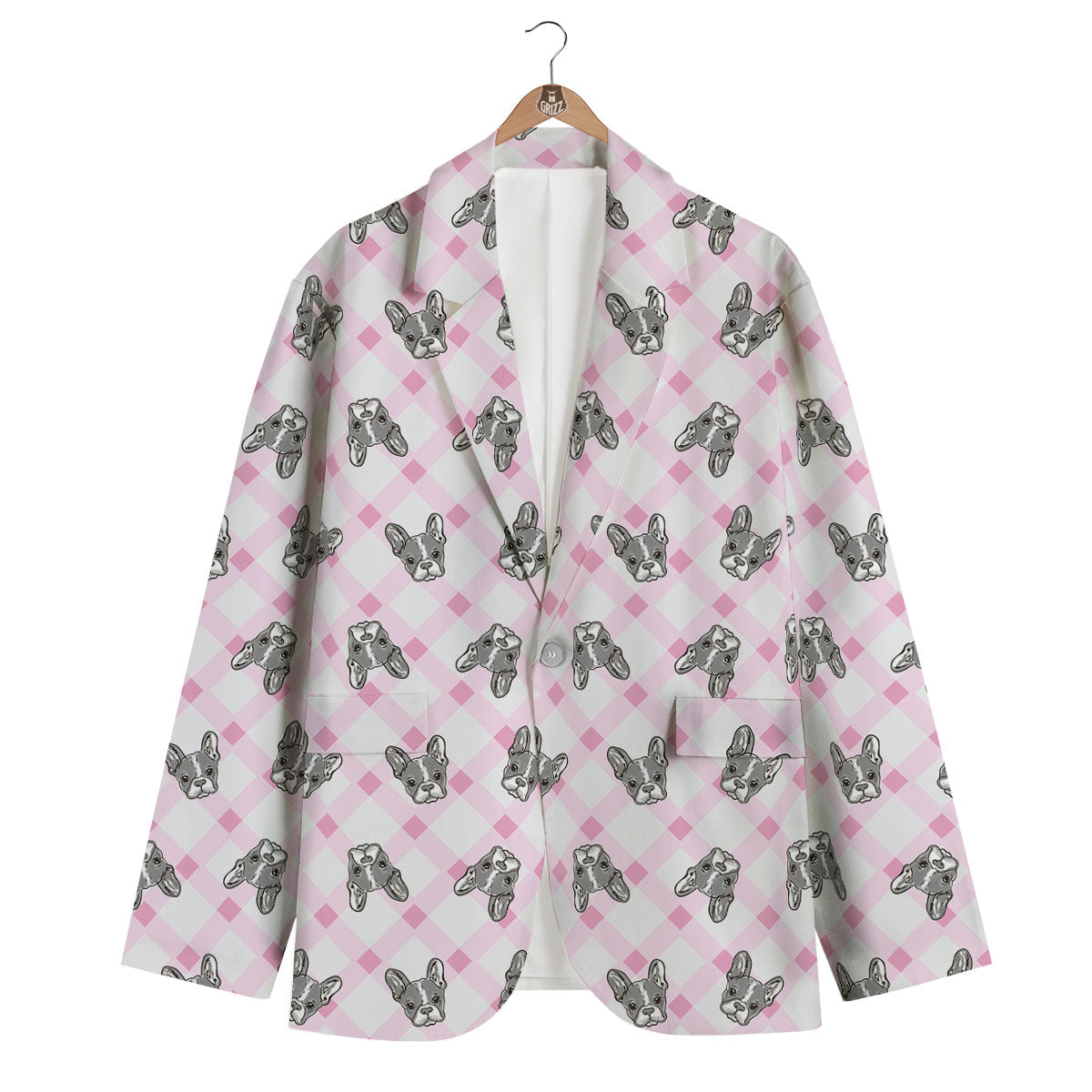 Boston Terrier Pink Plaid Print Pattern Men's Blazer-grizzshop