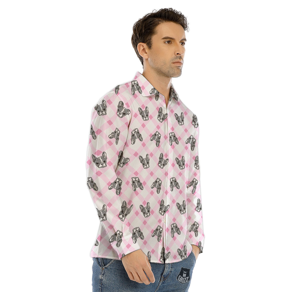 Boston Terrier Pink Plaid Print Pattern Men's Dress Shirts-grizzshop