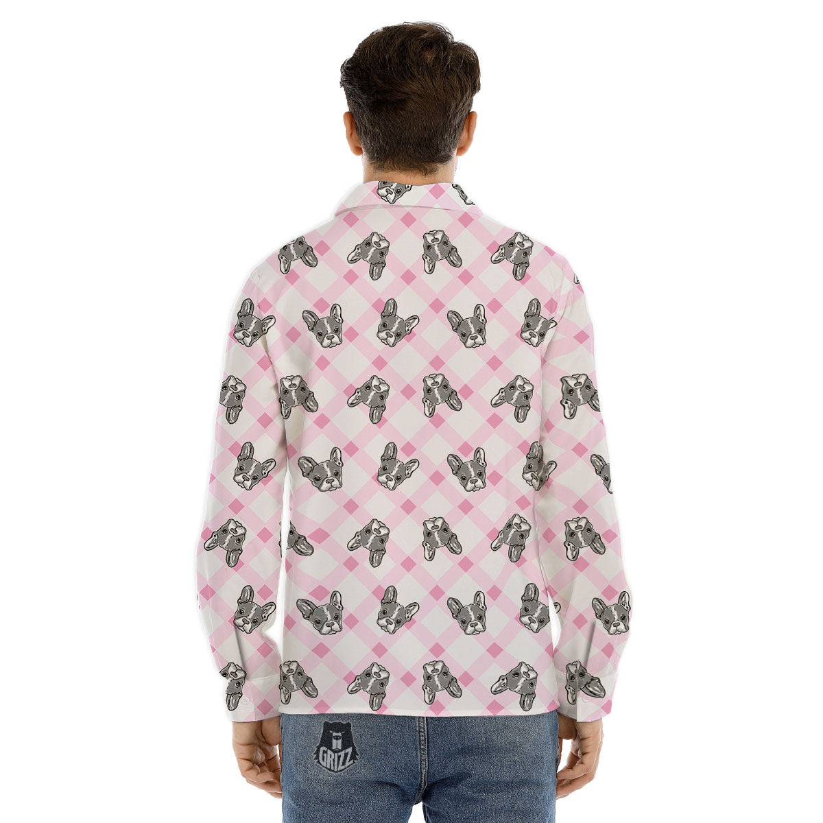 Boston Terrier Pink Plaid Print Pattern Men's Dress Shirts-grizzshop