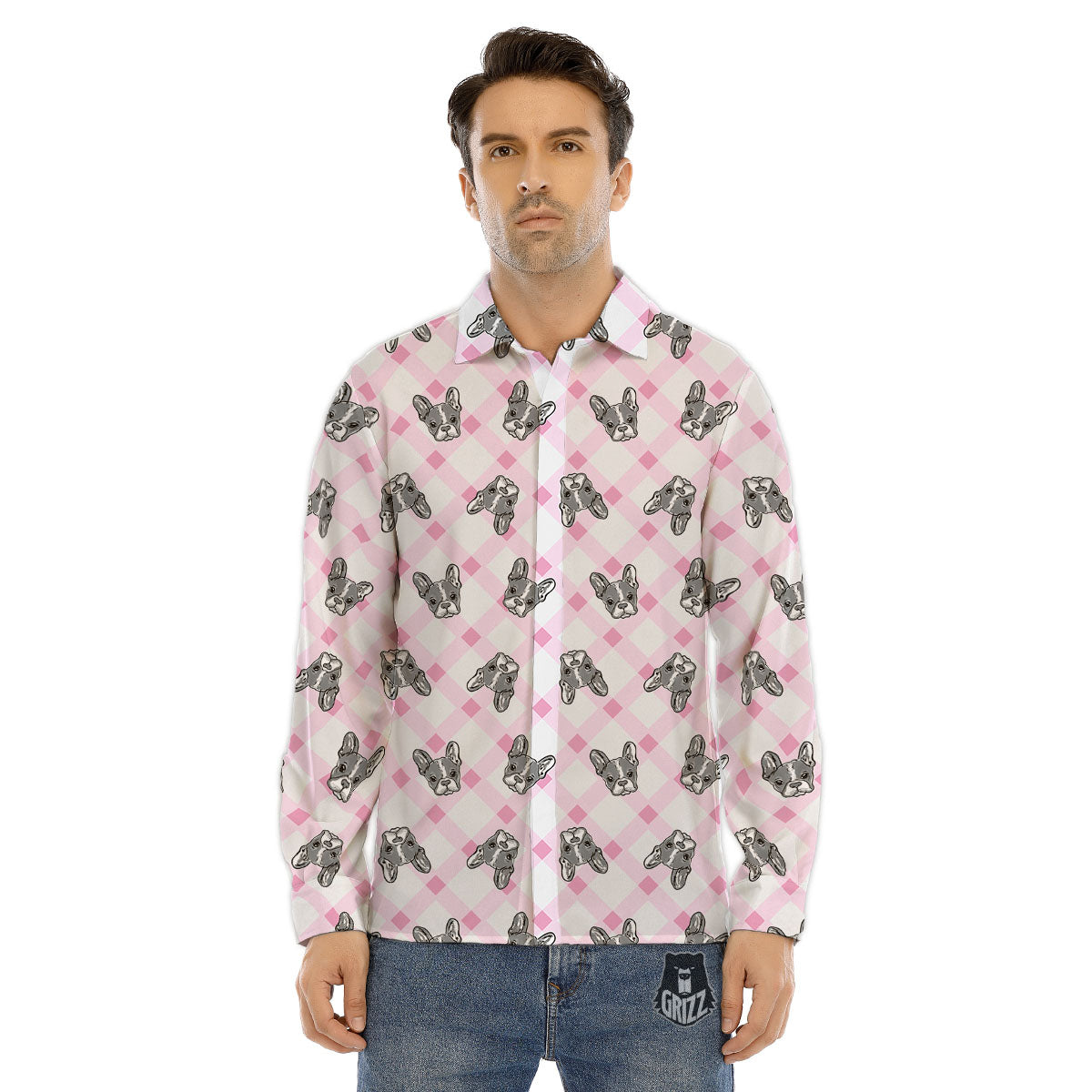 Boston Terrier Pink Plaid Print Pattern Men's Dress Shirts-grizzshop